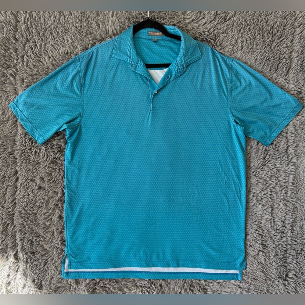Peter Millar Summer Comfort Men’s Golf Polo Large Blue Green Geometric Stretch